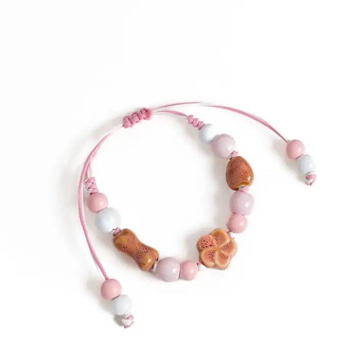 Bracelet à fleurs en céramique rose pour filles, bijoux mignons réglables faits à la main avec ton doux