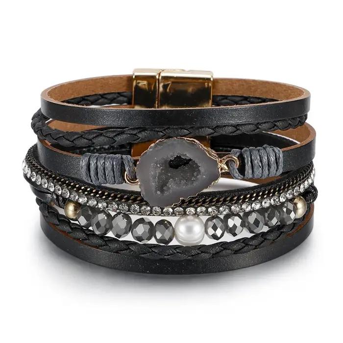 Bracelet en cuir de gravier perles d'eau douce naturellement perlées cristal pour femmes élégant cadeau pour occasions spéciales