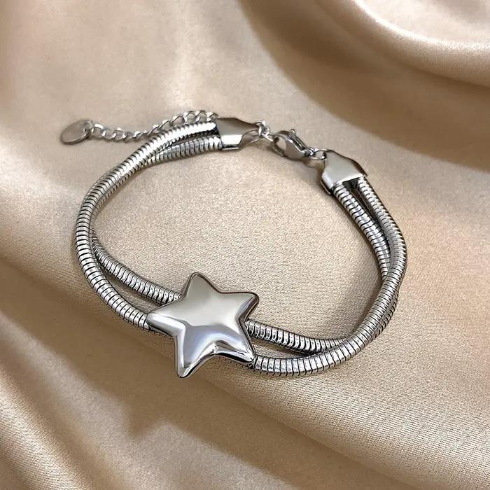 Bracelet élastique Vintage double couche en acier inoxydable, étoile brillante, couleur or argent, c