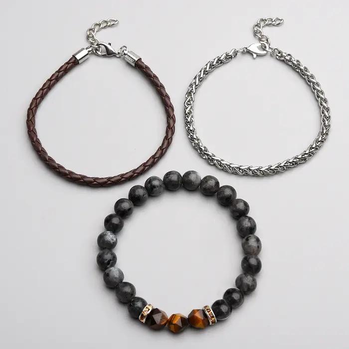 Ensemble de 3 bracelets en cuir véritable et chaîne en acier inoxydable