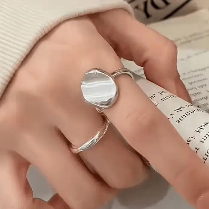 ANENJERY argenté géométrique ovale lisse brossé anneau ouvert pour les femmes Unique à la mode polyvalent
