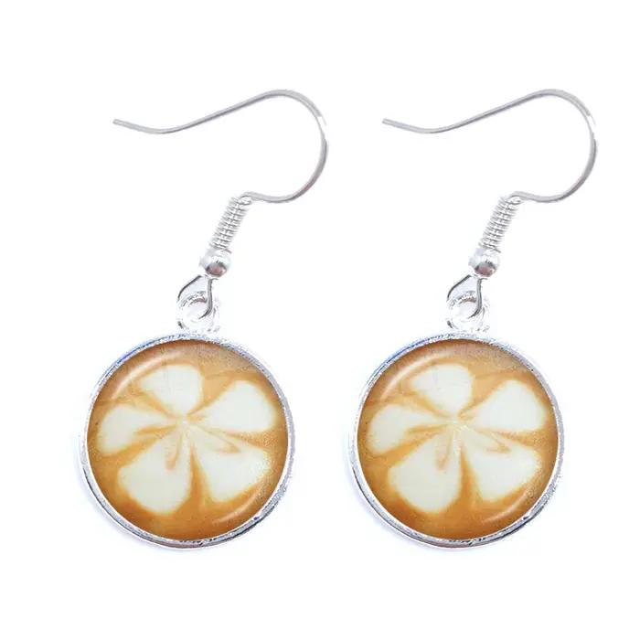 Café Latte sculpture amour coeur Art boucles d'oreilles chocolat impression fleur trèfle à quatre feuilles charme bijoux pour femmes filles cadeau