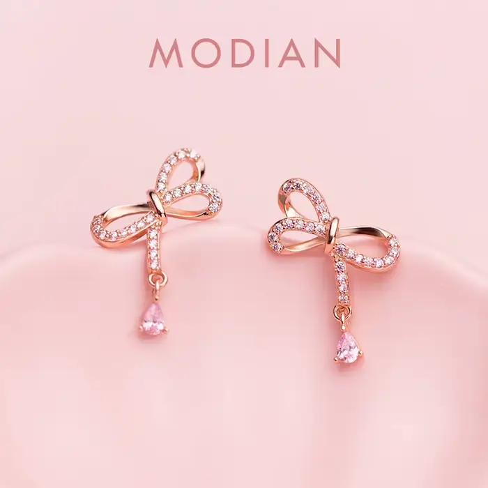 Modian – boucles d'oreilles élégantes à nœud papillon pour femmes, cristal Rose, couleur or Rose, ac