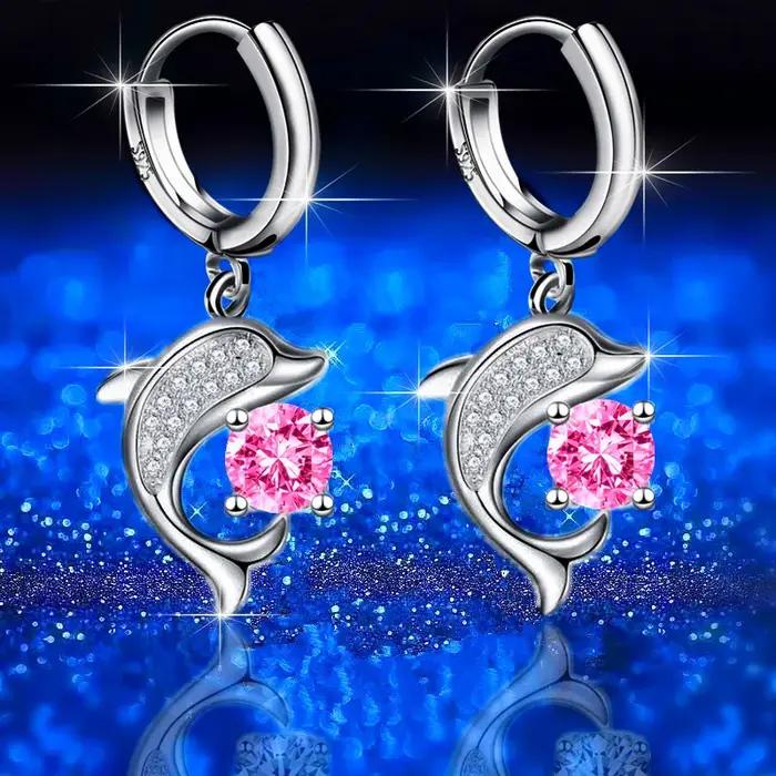 Mignon petit dauphin jouant boule boucles d'oreilles Aqua bleu cristal rond pierre cerceau boucle d'oreille pour les femmes couleur argent océan Animal bijoux