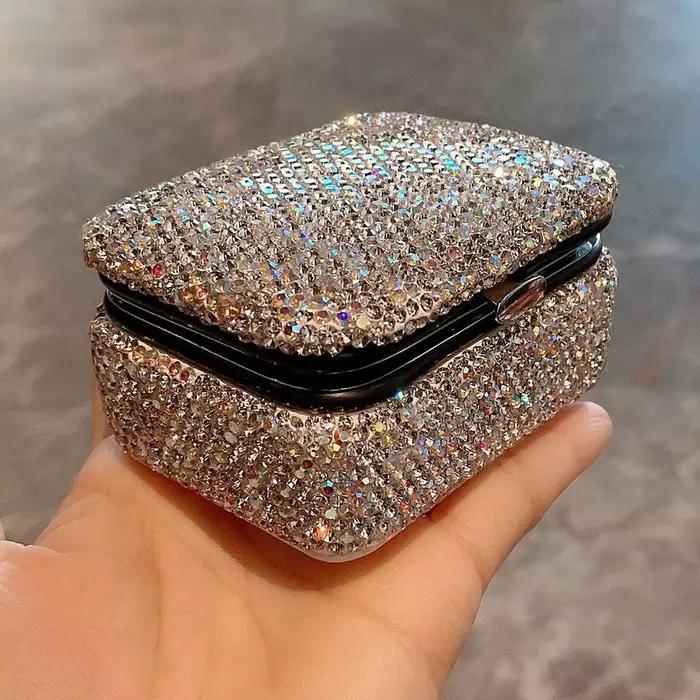 Mini Boîte à Bijoux Scintillante Avec Miroir Luxe Mallette De Rangement Colliers En Strass Diamant Pour Femme Occasions Spéciales