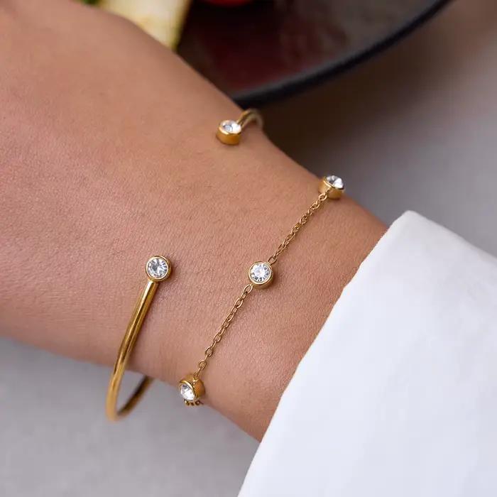 Zora 2 pièces/ensemble Bracelet chaîne en zircon Bracelet ouvert pour femmes Plaqué or 18 carats Bracelet en acier inoxydable Bracelet de mode Bijoux cadeau
