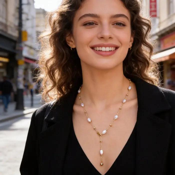 Collier en perles d'imitation pour femmes élégant, cadeau pour occasions spéciales, bijou chic en cuivre, style géométrique, collier long en forme de Y, cadeau pour mère
