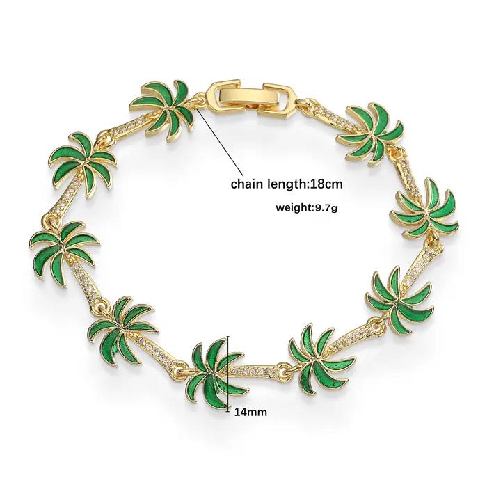 Bracelet rétro en émail vert avec pendentif motif palmier et cocotier
