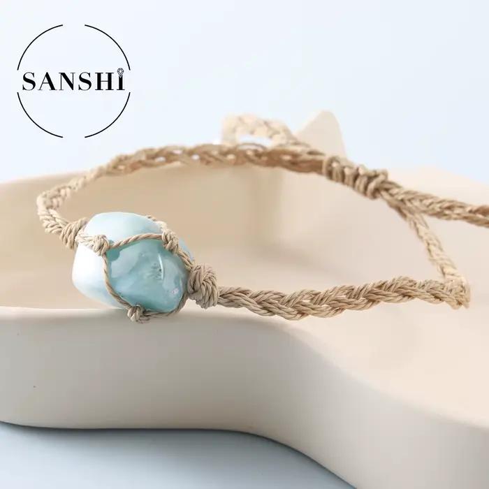 Bracelet en pierre naturelle tissée à la main, Style vacances à la plage, bleu, pour Couple, unisexe