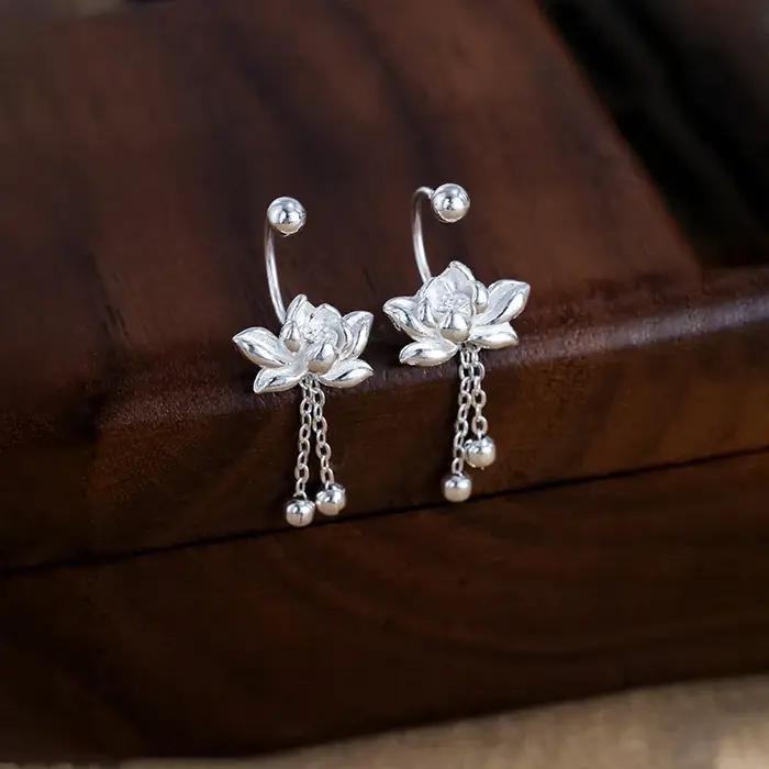 YILUOCD 925 en argent Sterling fleur de Lotu boucles d'oreilles Vintage gland