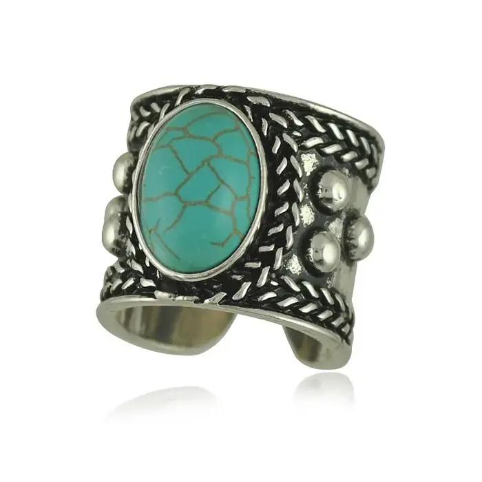 Bague tibétaine en argent vintage avec turquoise synthétique pour femmes occasions spéciales soirée chic cocktail