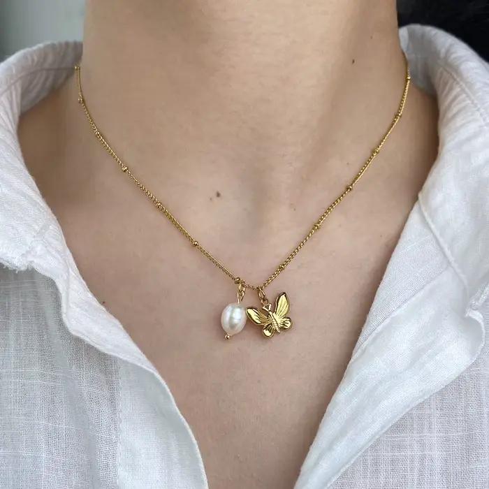 Pendentif collier pour les Femmes d'or chaîne D'eau Douce Perle Arc pendentifs à la mode femmes en acier inoxydable bijoux ensemble cadeau tendance