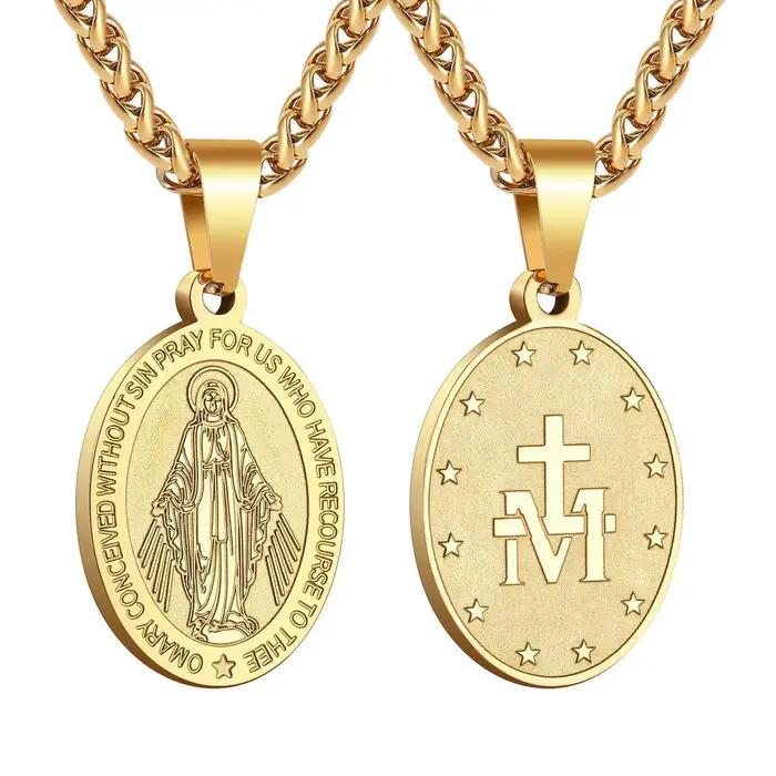 Collier médaille miraculeuse catholique en acier inoxydable, pendentif Notre-Dame Vierge Marie, bijoux religieux pour hommes et femmes, 1 pièce