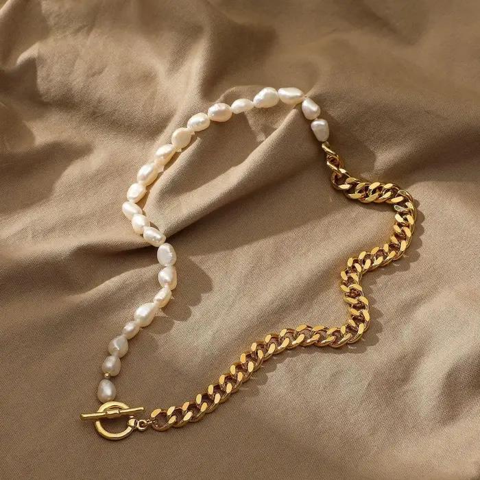 Collier de perles d'eau douce baroques naturelles avec chaîne remplie d'or 14K pour femmes occasions spéciales cadeau d'anniversaire