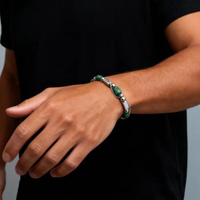 Bracelet en pierre naturelle verte à double chaîne en acier inoxydable pour homme, cadeau mode et durable pour les occasions spéciales