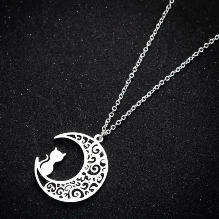 Collier pendentif chat lune pour femmes et filles