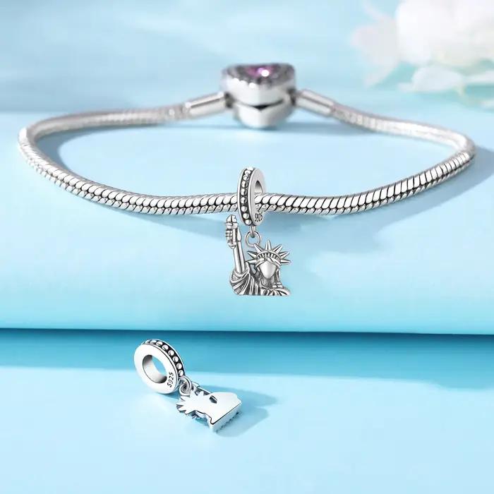 Original S925 argent Sterling coeur symbole chanceux Statue de la liberté pendentif perles idéal pour Bracelet collier bricolage cadeaux de fête bijoux