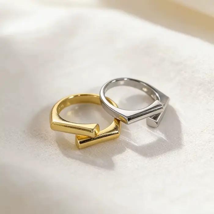 Bague géométrique double couche couleur argent pour femme