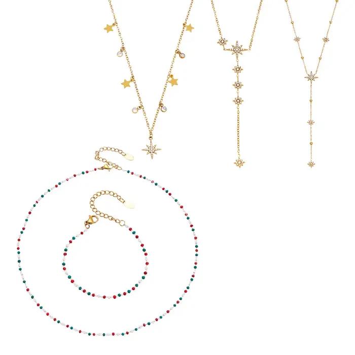 Collier Zircon North Star Y avec perles émaillées empilables acier inoxydable plaqué or pour femmes bijoux à offrir occasions spéciales