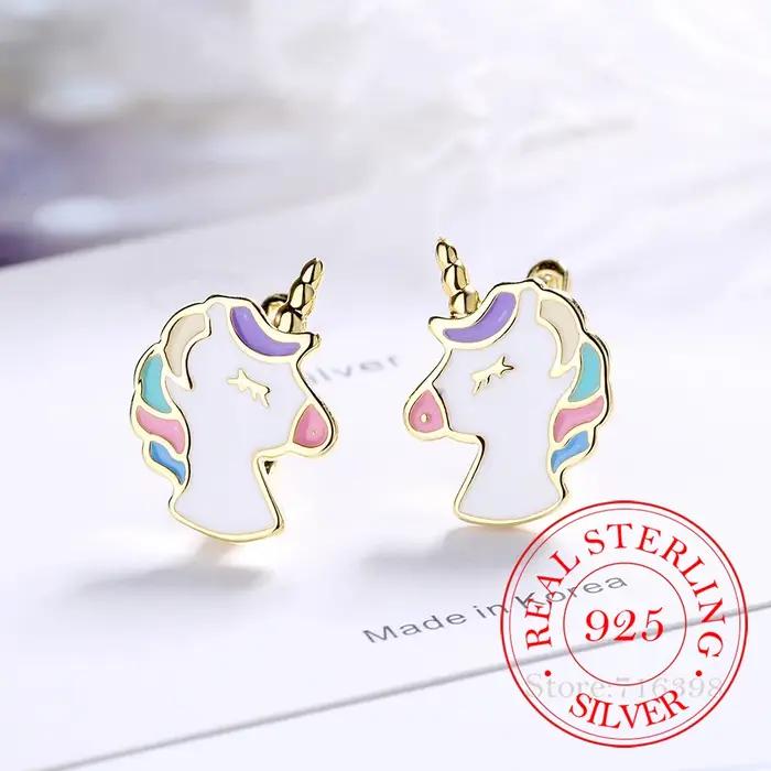 Boucles d'oreilles en argent Sterling 925 véritable, jolies boucles d'oreilles licorne pour dames et