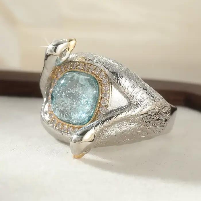 Bague Cygne Faite à la Main Élégante et Étincelante avec Zirconium Synthétique Bleu Incrusté pour Femme, Bijou de Luxe Délicat pour Banquet et Anniversaire