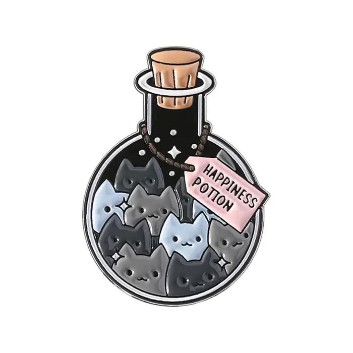 Broche en émail de Potion de bonheur de chat de dessin animé, broche en métal pour passionnés de chat, Badge de sac à dos à revers, bijoux amusants, cadeau pour enfants et amis