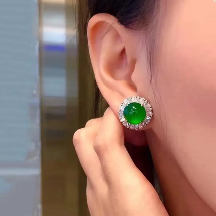 Grandes boucles d'oreilles en calcédoine verte Hetian naturelle incrustée, fleur ronde, bijoux de luxe rétro exagérés en argent, nouvelle collection
