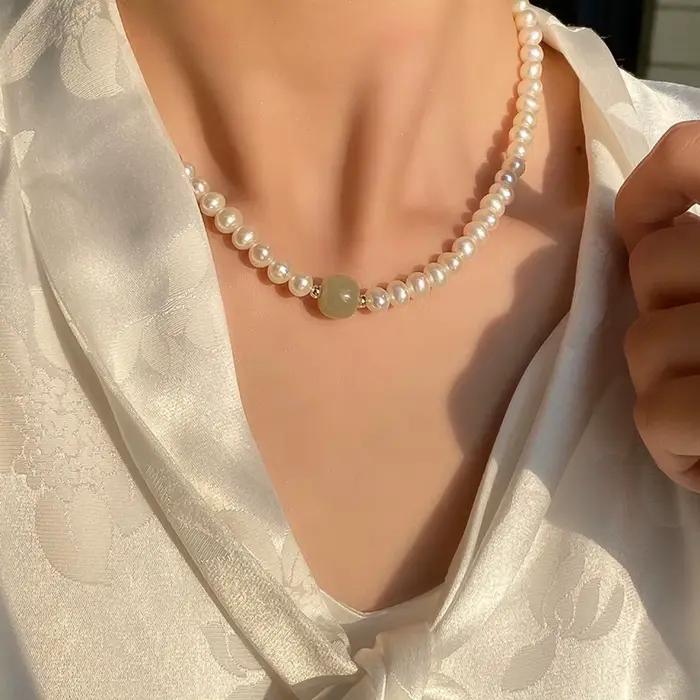 Collier 100% naturel brillant en perles d'eau douce et pierre de Jade néphrite, rempli d'or 14K, bijoux pour femmes, chaînes courtes, cadeaux