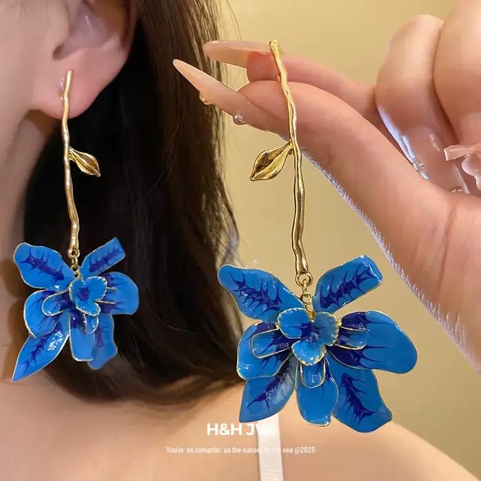 Boucles d'oreilles pendantes en forme de fleur, design rétro élégant et luxueux, accessoires pour les oreilles
