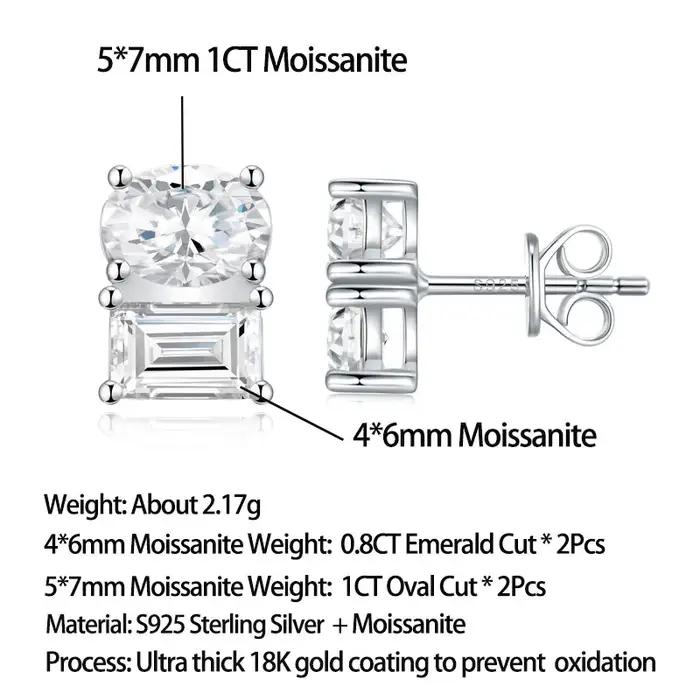 Pretty Beauty Boucles d'oreilles clous Toi et Moi en argent sterling 925 avec moissanite taille émeraude ovale pour