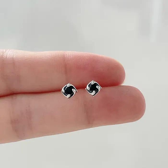 Mini personnalité 925 en argent Sterling carré noir cristal boucles d'oreilles pour femme hommes con