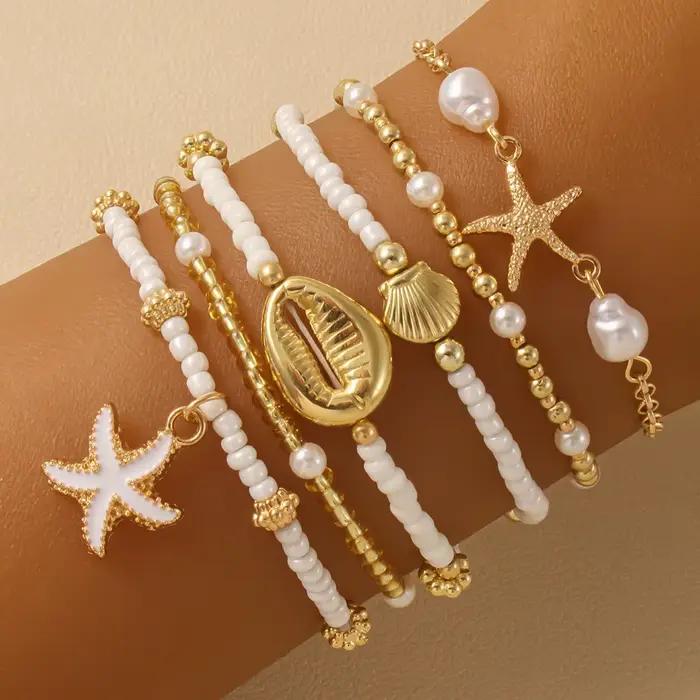 Ensemble de bracelets en perles de riz coquillage, multicouches, avec pendentifs étoile et étoile de