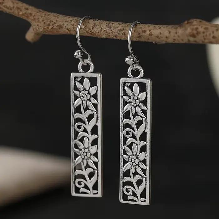 Boucles d'oreilles pendantes rectangulaires ajourées fleur de vigne style forêt rétro antique plaquées argent bijoux tendance pour femme occasions spéciales