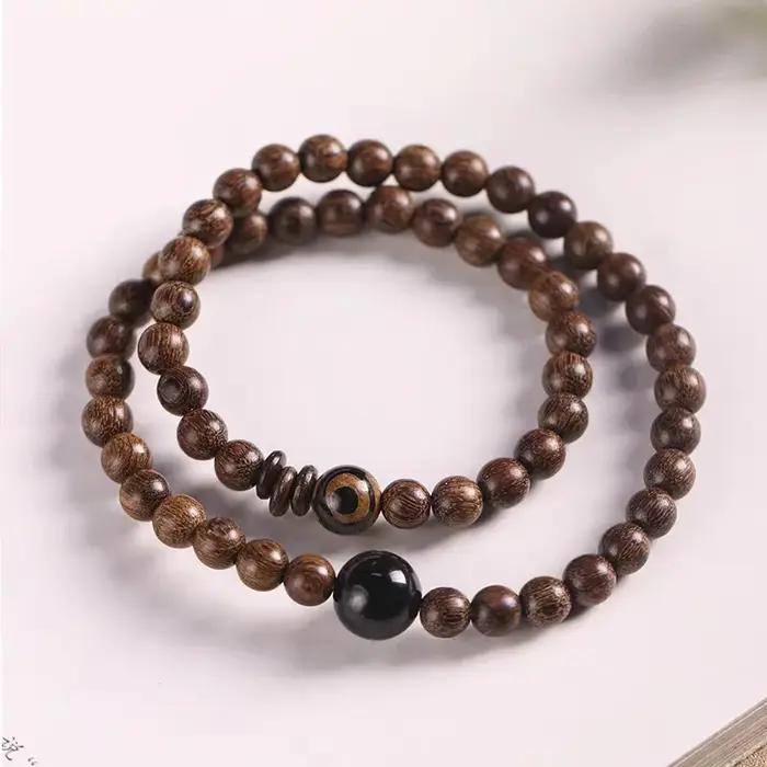 Bracelet en bois de santal avec soie dorée, perles Dzi style rétro pour homme et femme, cadeau de vacances et méditation ```