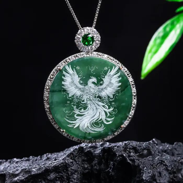 Collier en argent S925 avec pendentif en jadeite sculpté en forme de phénix, pierre d'émeraude natur