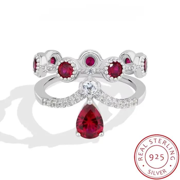 Bague Couronne Double Bande de Luxe avec Zircon Rubis Goutte d'Eau, Bague de Promesse Plaqué Argent