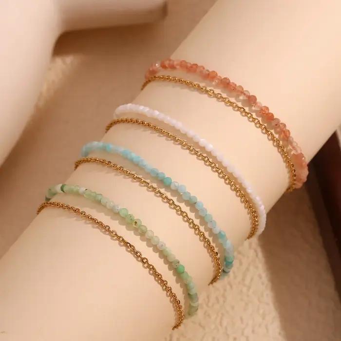 E.B.belle Amazonite Bracelet Double couche en forme de O en acier inoxydable 316L Bracelets à main pour femme plaqué or 18 carats Bijoux de cheville
