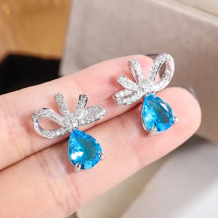 Boucles d'oreilles plaquées argent 925 en Zircon bleu AAAA pour femmes