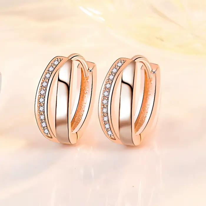 Boucles d'oreilles exquises en argent sterling 925/or rose avec zircone entrelacée pour femmes - Bijoux élégants pour mariage et soirée