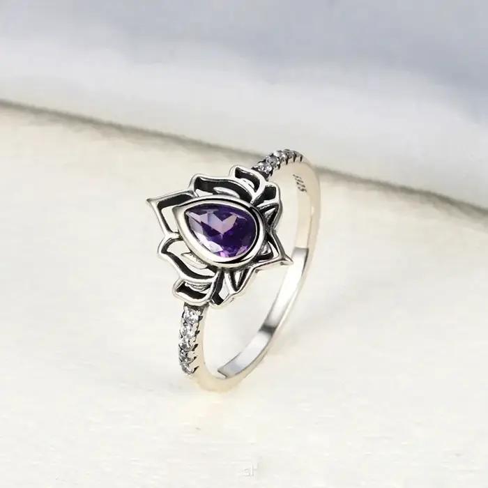 YILUOCD 925 Thai argent anneaux réglables pour les femmes fleur de Lotus coloré Zircon anneau Boho femme bijoux fins cadeau
