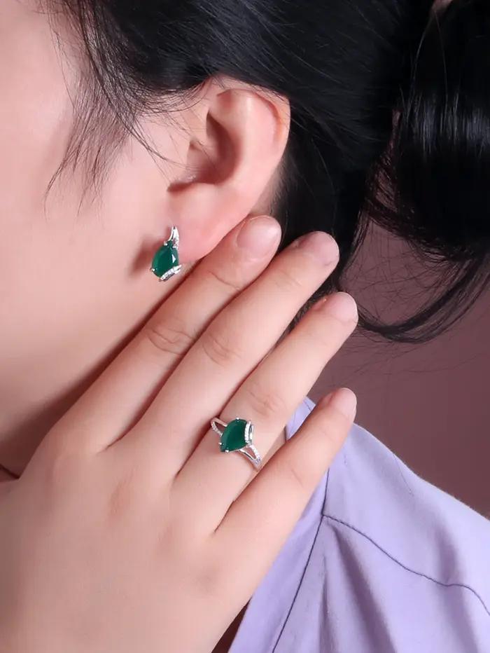 Bague en argent regardé 925 avec agate verte naturelle pour femme
