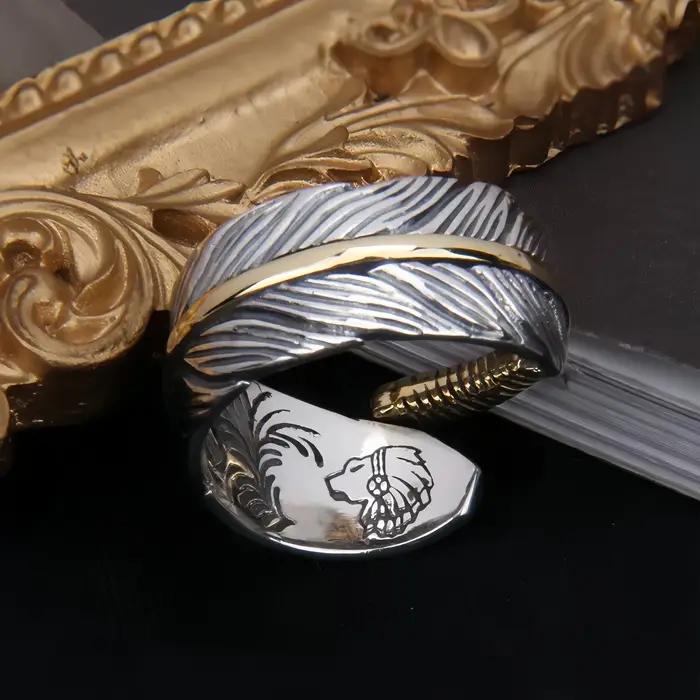 Bague ouverte réglable avec graffitis de plumes dorées rétro pour hommes