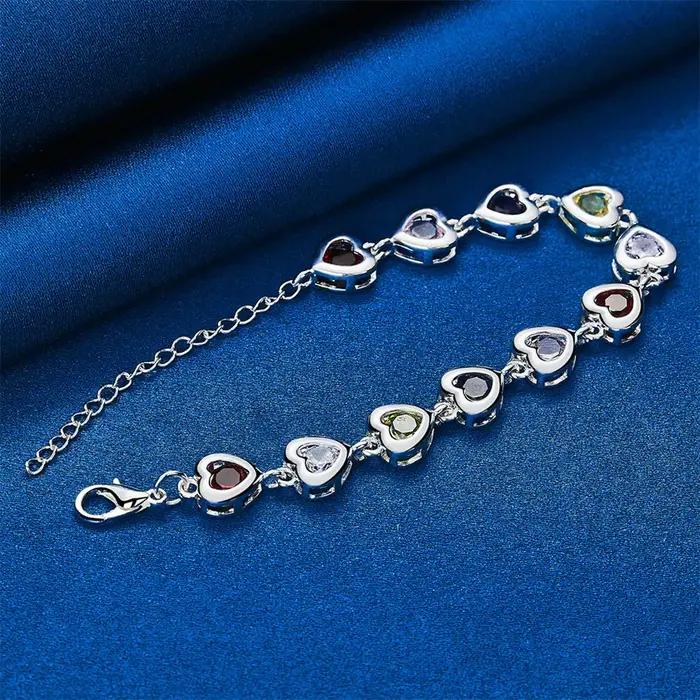 Bracelet en argent sterling 925 avec zircon coloré en forme de cœur bijoux classiques pour femmes occasions spéciales engagement mariage anniversaire