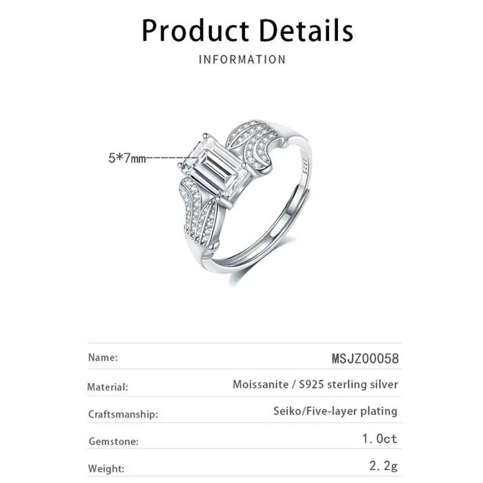 Bague en argent sterling 925 à taille ajustable pour femme, couleur D, VVS1, coupe radiante 5x7mm, bague de mariage en moissanite