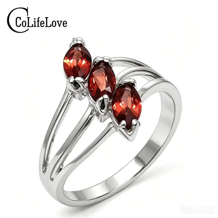 Bague élégante en argent avec pierres précieuses, 3 pièces, 2.5mm x 5mm, bague en grenat naturel avec certificat, bijoux en argent massif 925 avec pierres précieuses en grenat