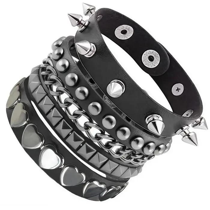 Nouveau 3 pièces/ensemble noir Goth Emo Boho Bracelets pour femme hommes Punk gothique pointe Rivets Bracelet en cuir PU
