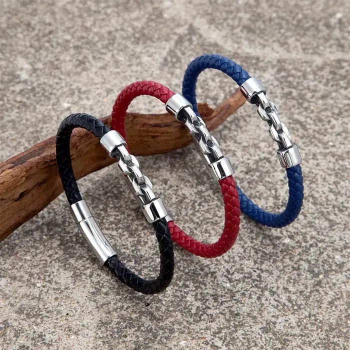 Bracelet en cuir tressé noir/rouge/bleu 6mm pour hommes, fait à la main, chaîne à maillons en acier inoxydable, bijoux Vintage, cadeaux de Couple