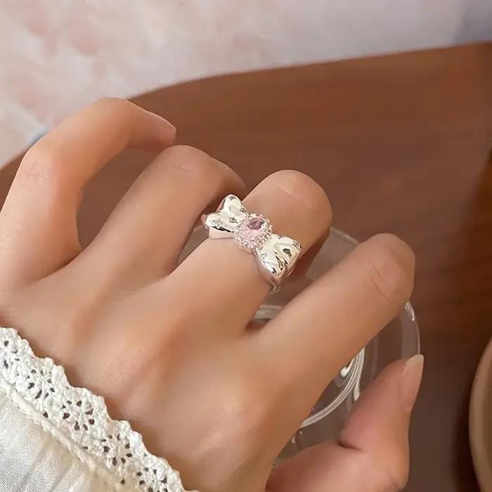 Bague nœud papillon rose zircon Y2K tendance Kpop pour femme