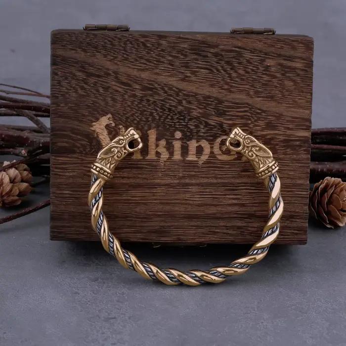Bracelet Dragon nordique Viking en acier inoxydable pour hommes, manchette avec boîte en bois Viking