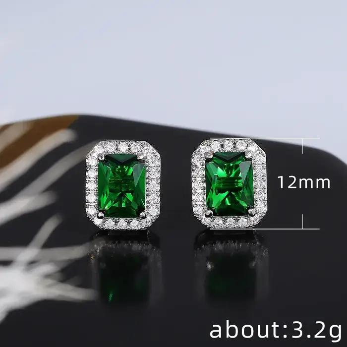 Mignon carré femme émeraude cristal vert boucles d'oreilles mode 925 en argent Sterling